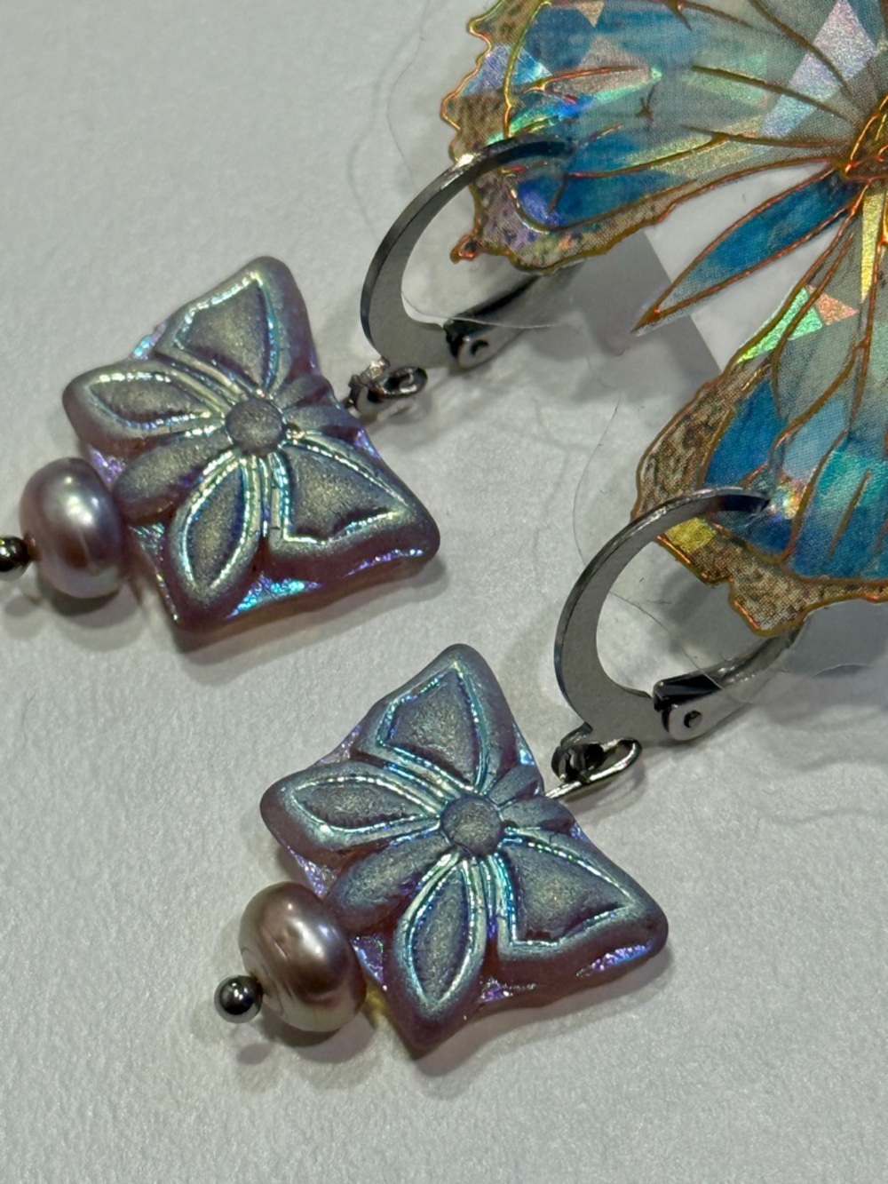 Czech Glass Butterfly Floral Drop Earrings